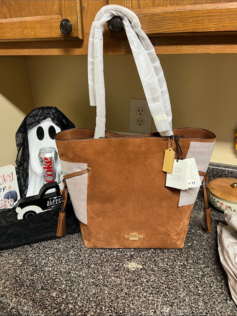 Coach Suede Tote in Chestnut and Cream NWT